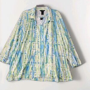 NWT Ali Miles 3X Top Snap Up 2 Pc Tank Blouse Green Crinkle 3/4 Sleeve Colorful